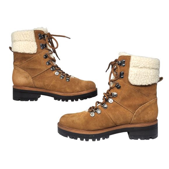 Marc Fisher Boots 9 Brown Leather Suede Combat Faux Shearling Fur Mid Calf Lace - Picture 2 of 12
